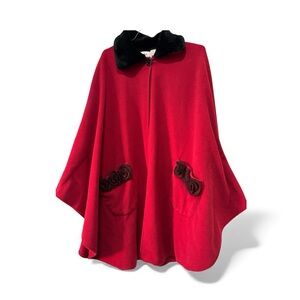 LeModa Red Rosette Cape with faux fur trim